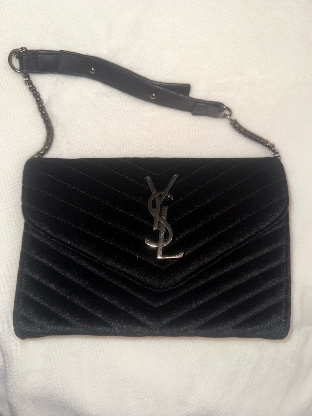 Saint Laurent Black Quilted Velvet Chain Shoulder Bag with YSL Logo